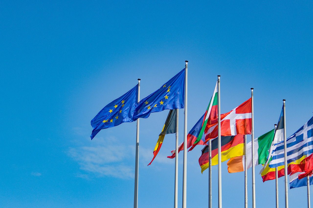 european union, nature, european parliament, flags, flagpoles, eu, countries, nations, national flags, symbol, sky