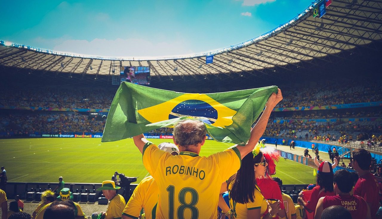 people, soccer, stadium, crowd, audience, sports, flag, game, match, football, cheering, brazil, brazilian, championship, soccer field, world cup, brazil flag, robinho