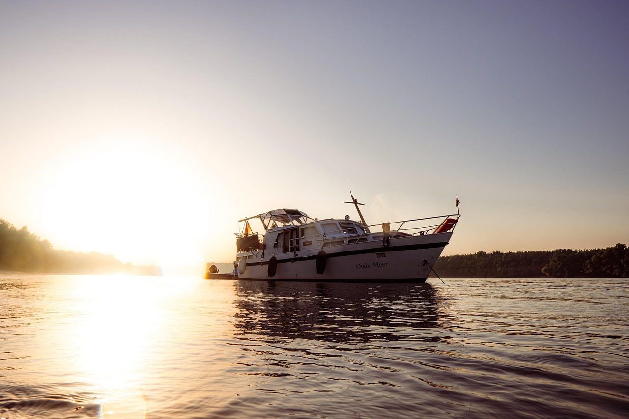 river, blue sky, boat, sunset, nature, blue, beach, sand, calm, sky, tree