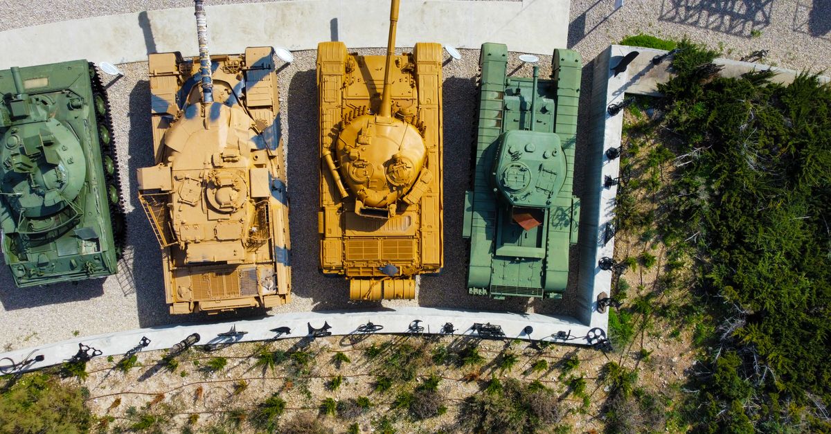 Drone shot of military tanks displayed outdoors at a museum in Jerusalem, Israel.