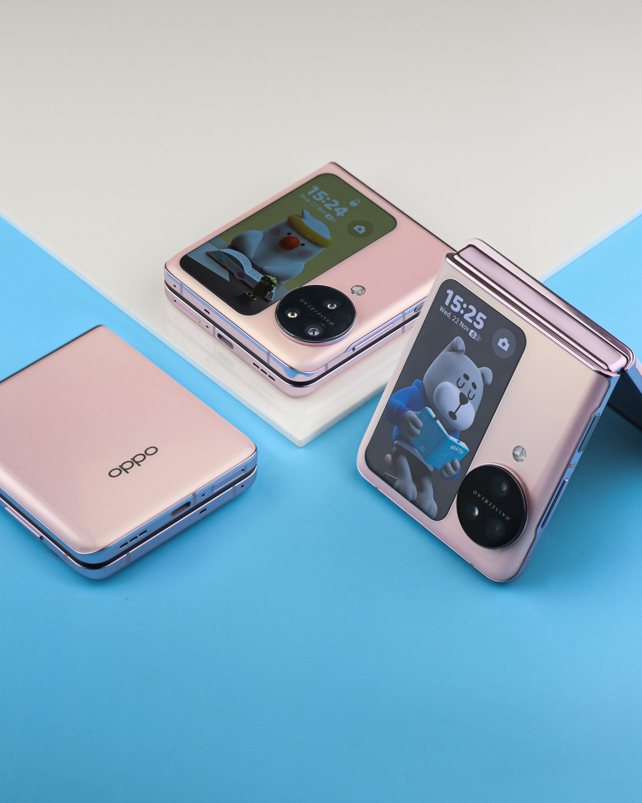 Elegant OPPO flip smartphones with vibrant displays and modern design on pastel backgrounds.