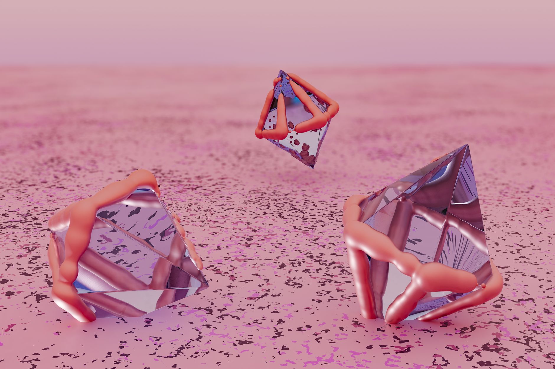 Surreal 3D rendering of abstract crystals on a pink textured surface.
