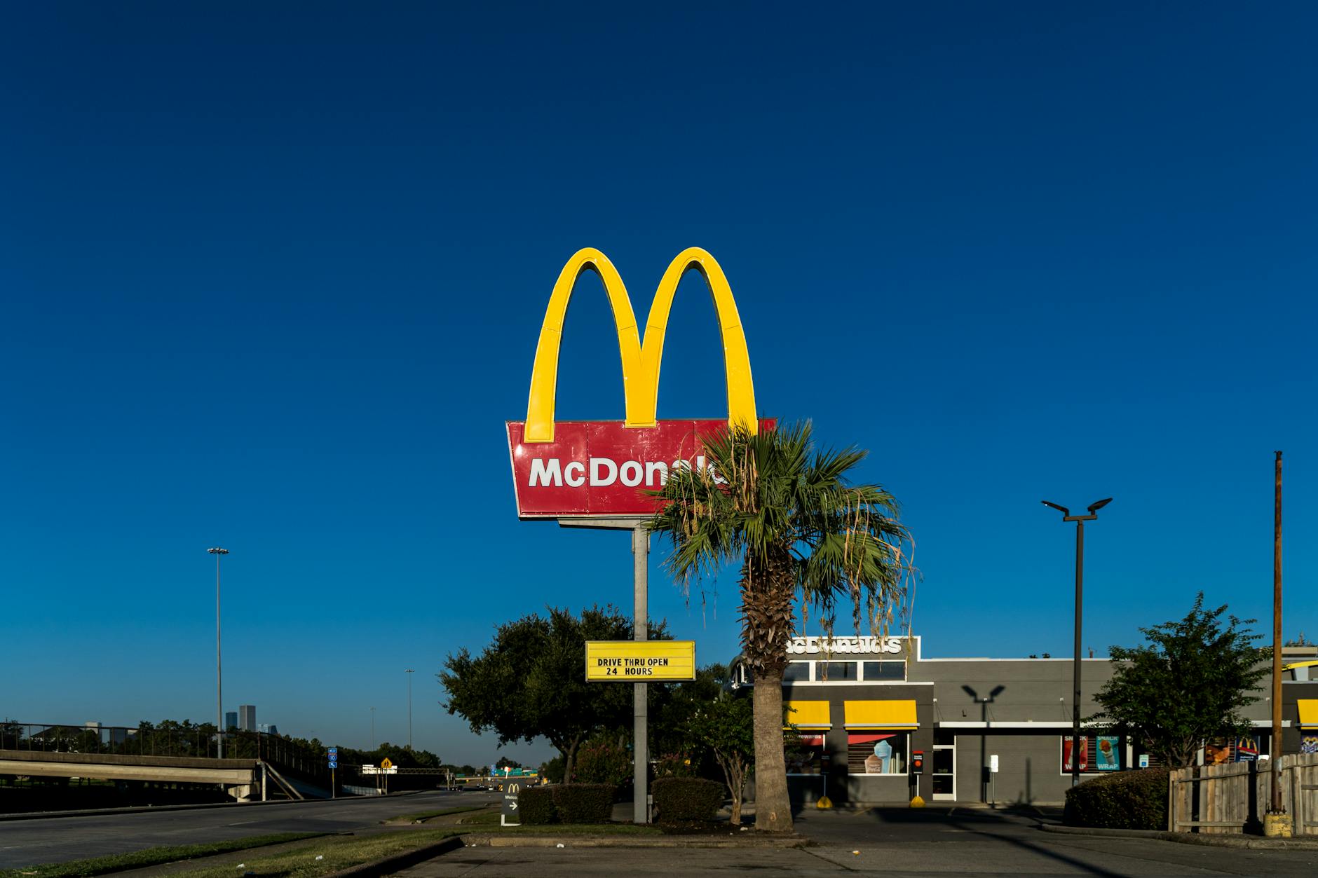 McDonald's golden arches sign with palm tree in front of a clear blue sky in Houston, TX.