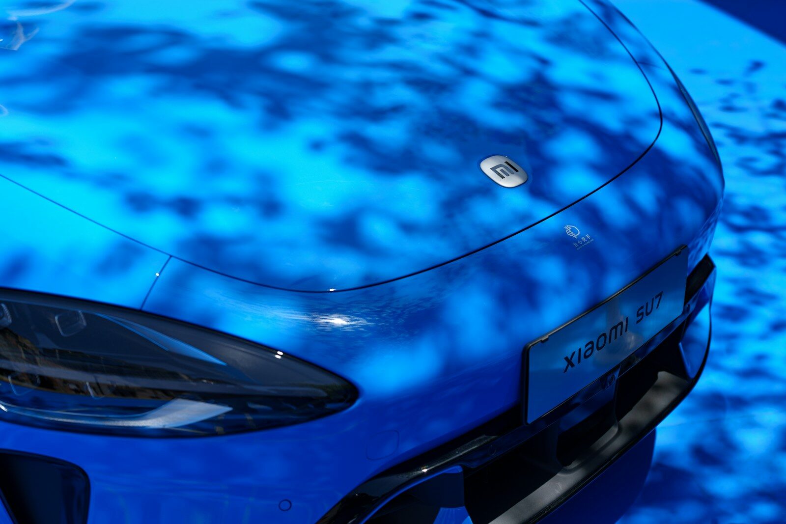 Blue car hood with tree shadow patterns