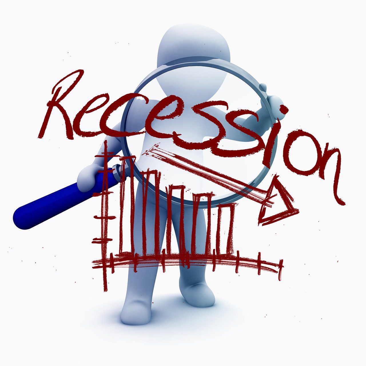 recession, economy, 3d man, magnifying glass, analysis, examination, depression, business, national economy, production, employment, arrow, descending, speculation, financial world, financial crisis, finance, economic crisis, loss, world economy, capital, banks, stock exchange, win, recession, recession, recession, recession, recession