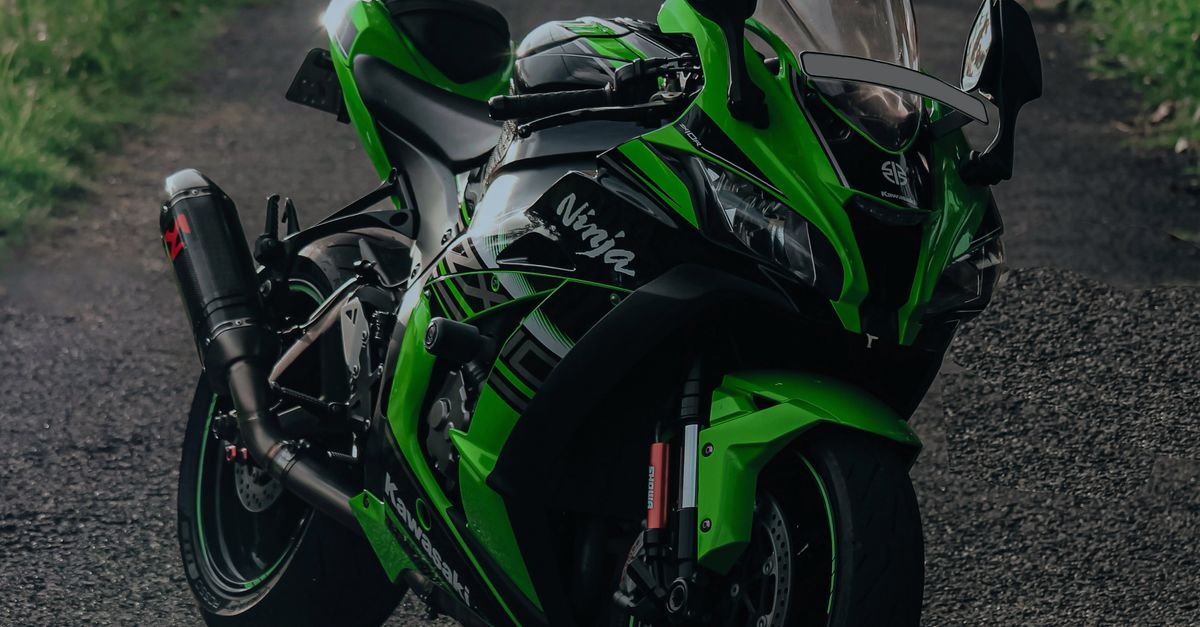 A green Kawasaki Ninja motorcycle parked on a scenic, tree-lined road in India.