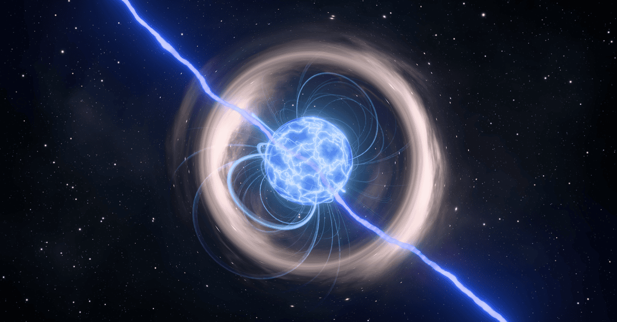 Artistic depiction of a neutron star with intense magnetic field in space.